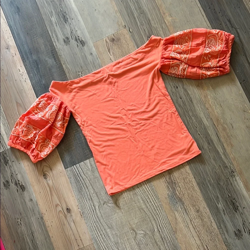 Free People Women's Embroidered Puff Sleeve Top in Orange Size: Small (S)